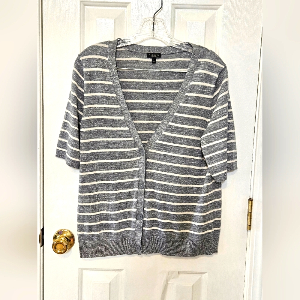 Talbots Gray and White Striped Cardigan Sweater Large